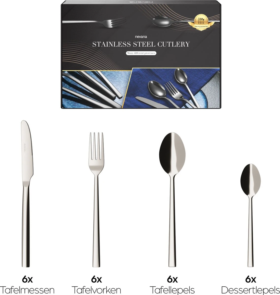 Nevana Bestekset - 24 Delig - 18/10 Edelstaal - Bestek - Lepels, Messen, Vorken - Afbeelding 5