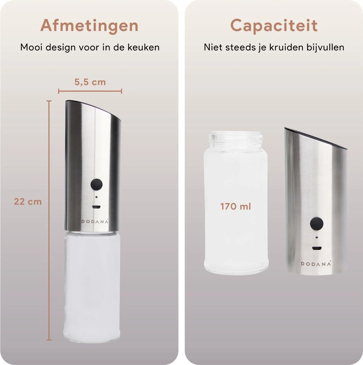 DODANA Premium Peper - & Zoutmolen Elektrisch - 1 Stuk - Pepermolen - Zoutmolen - Oplaadbaar - USB - Elektrische Pepermolen - RVS - Zwaartekracht Functie - LED Lamp - Nl Handleiding - Incl Borsteltje - Afbeelding 2