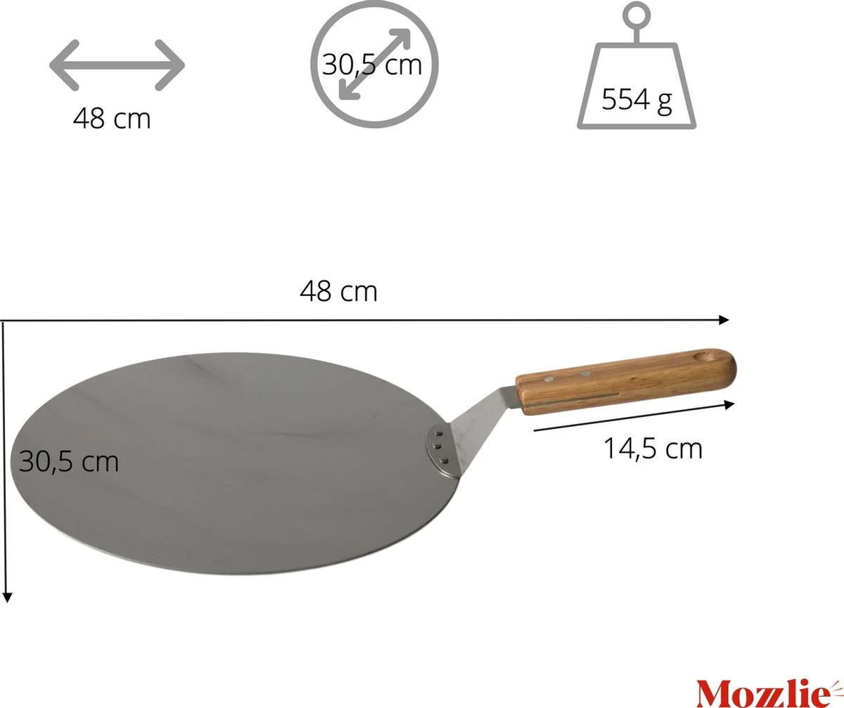 Pizzaschep 30 Cm Voor Oven Of BBQ - Rond - RVS - Met Houten Handvat - Afbeelding 4