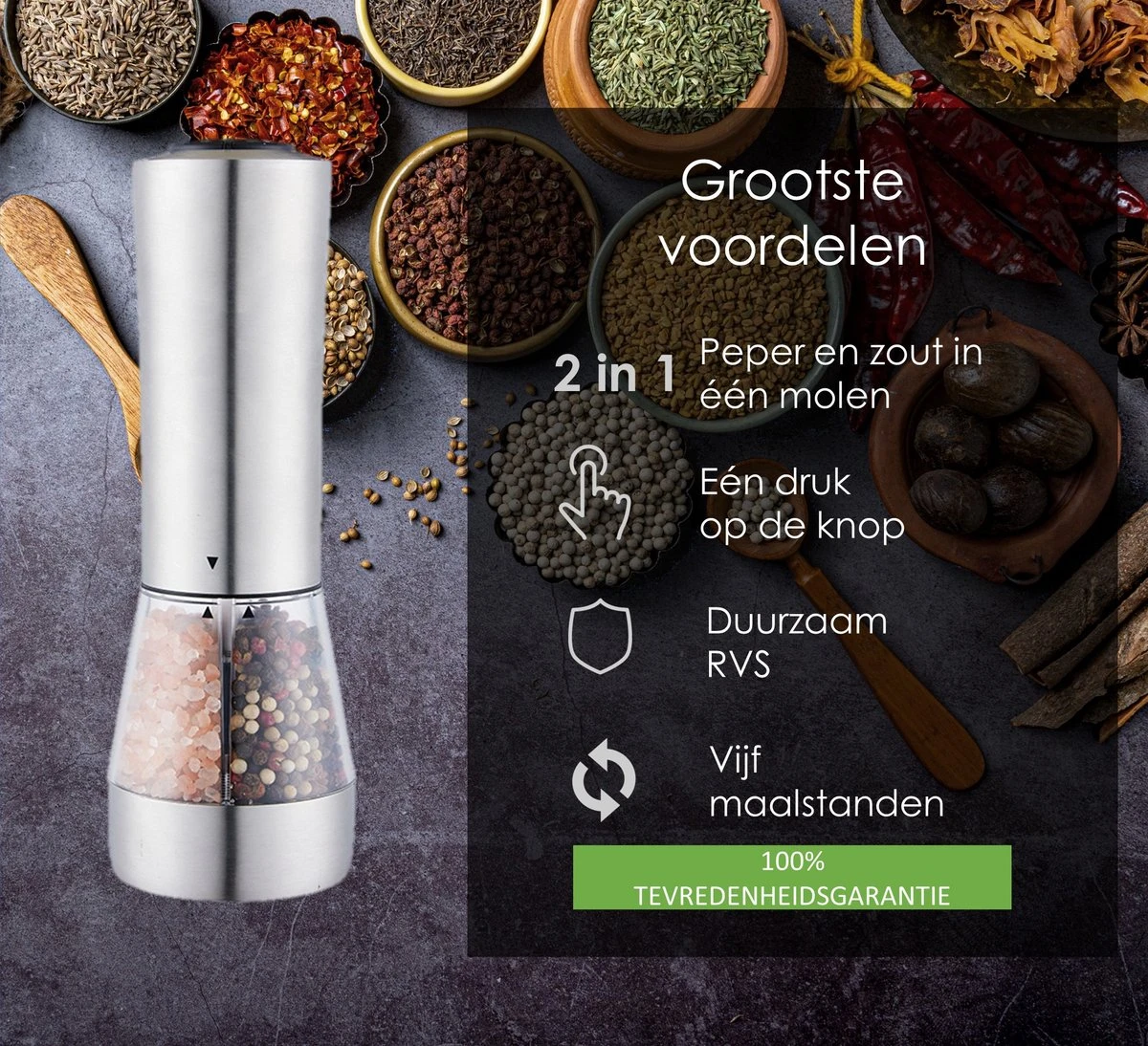 KROMS Peper En Zoutmolen Set - Peper En Zoutmolen Set Elektrisch -2 In 1 - Instelbare Maalgraad - Pepermolen - Zoutmolen - Peper En Zoutmolen Elektrisch - Afbeelding 2