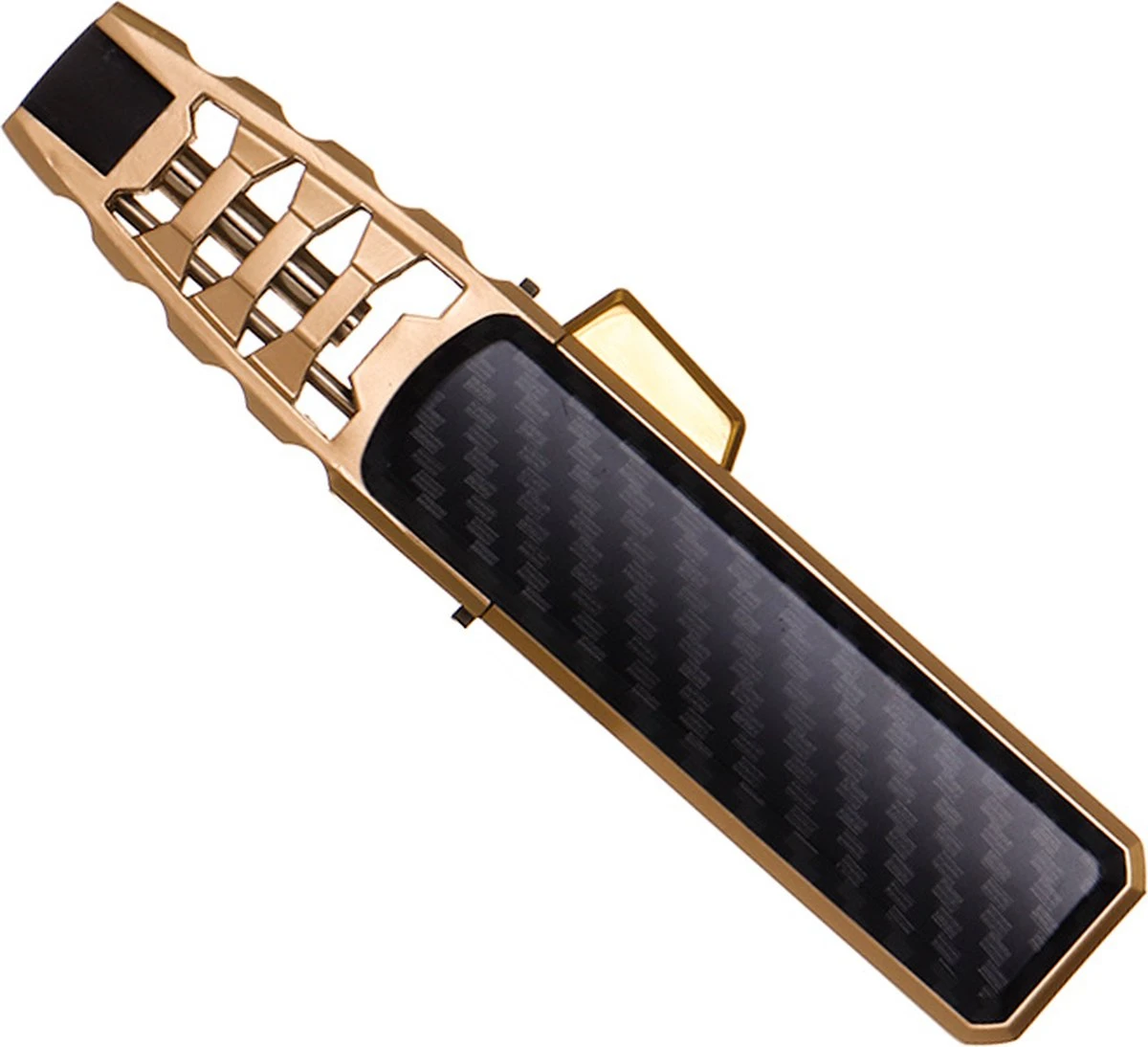 Merkloos Turbo Jetflame Aansteker - Gasbrander - Vuurwerk Torch - Crème Brûlée Brander - BBQ En Sigaren Aansteker - Windproof - Carbon Met Goudkleurige Metalen Behuizing - Afbeelding 6
