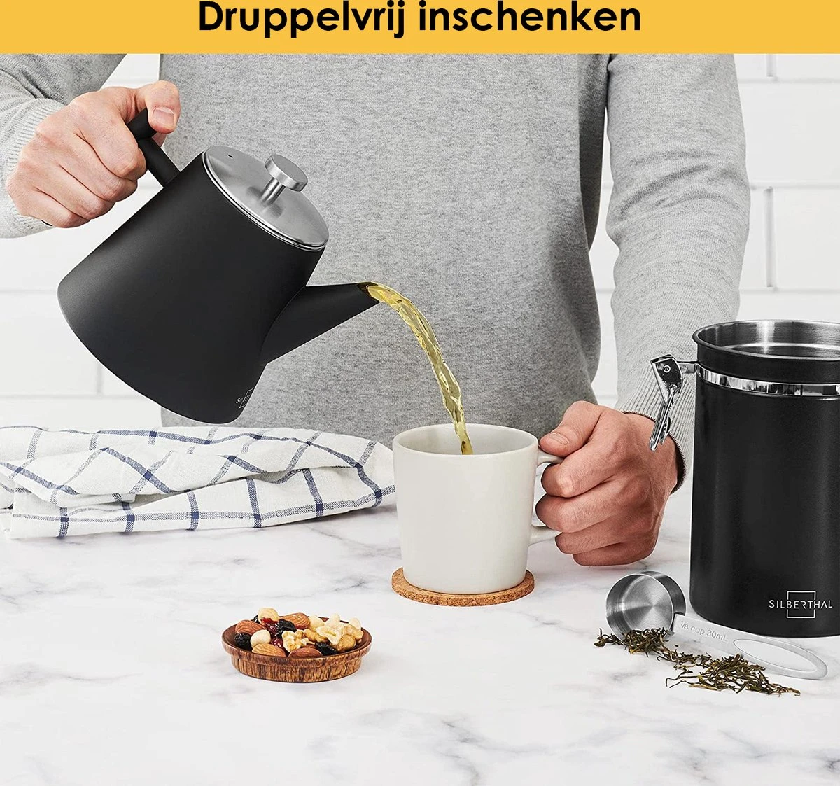 Silberthal - Theepot Met Filter - 1 L - RVS Dubbelwandig - Zwart - Cadeau - Afbeelding 2