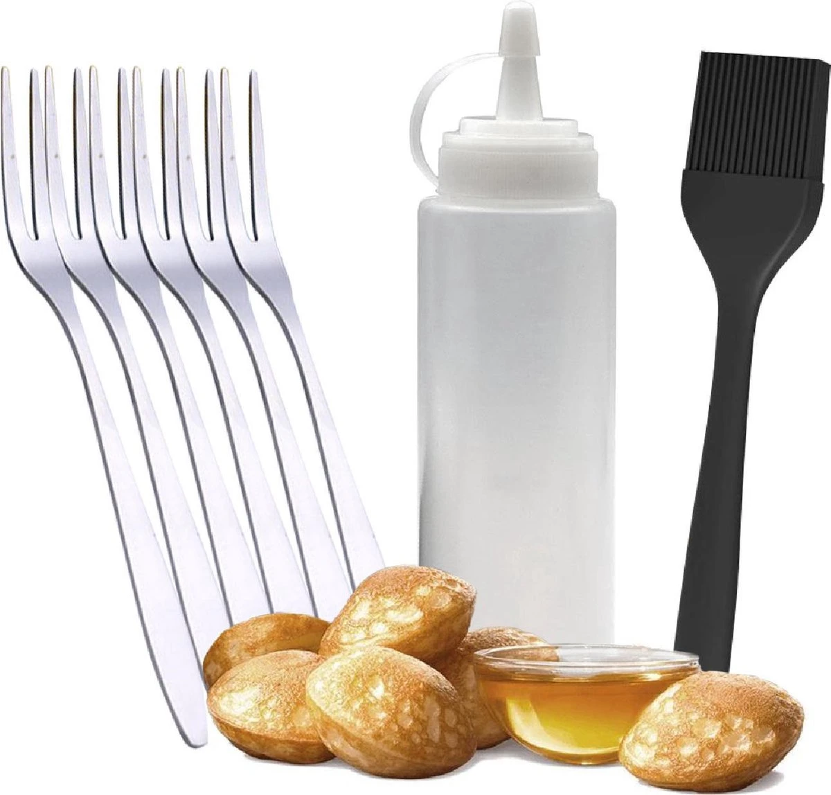 Ocina Poffertjespan Accessoires Set - Doseerfles - Poffertjes Spuitfles - 6x Poffertjes Vork - Kwast - Siliconen Kwast - Bakkwast - Gratis Poffertjes E-Book