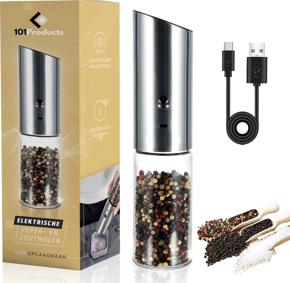 101Products Peper- & Zoutmolen Elektrisch - USB Oplaadbaar - Pepermolen - Zoutmolen - RVS