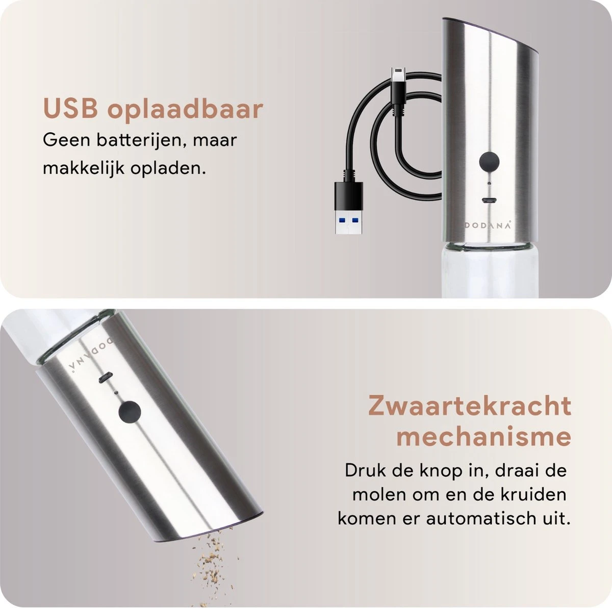 DODANA Premium Peper - & Zoutmolen Elektrisch - 1 Stuk - Pepermolen - Zoutmolen - Oplaadbaar - USB - Elektrische Pepermolen - RVS - Zwaartekracht Functie - LED Lamp - Nl Handleiding - Incl Borsteltje - Afbeelding 4