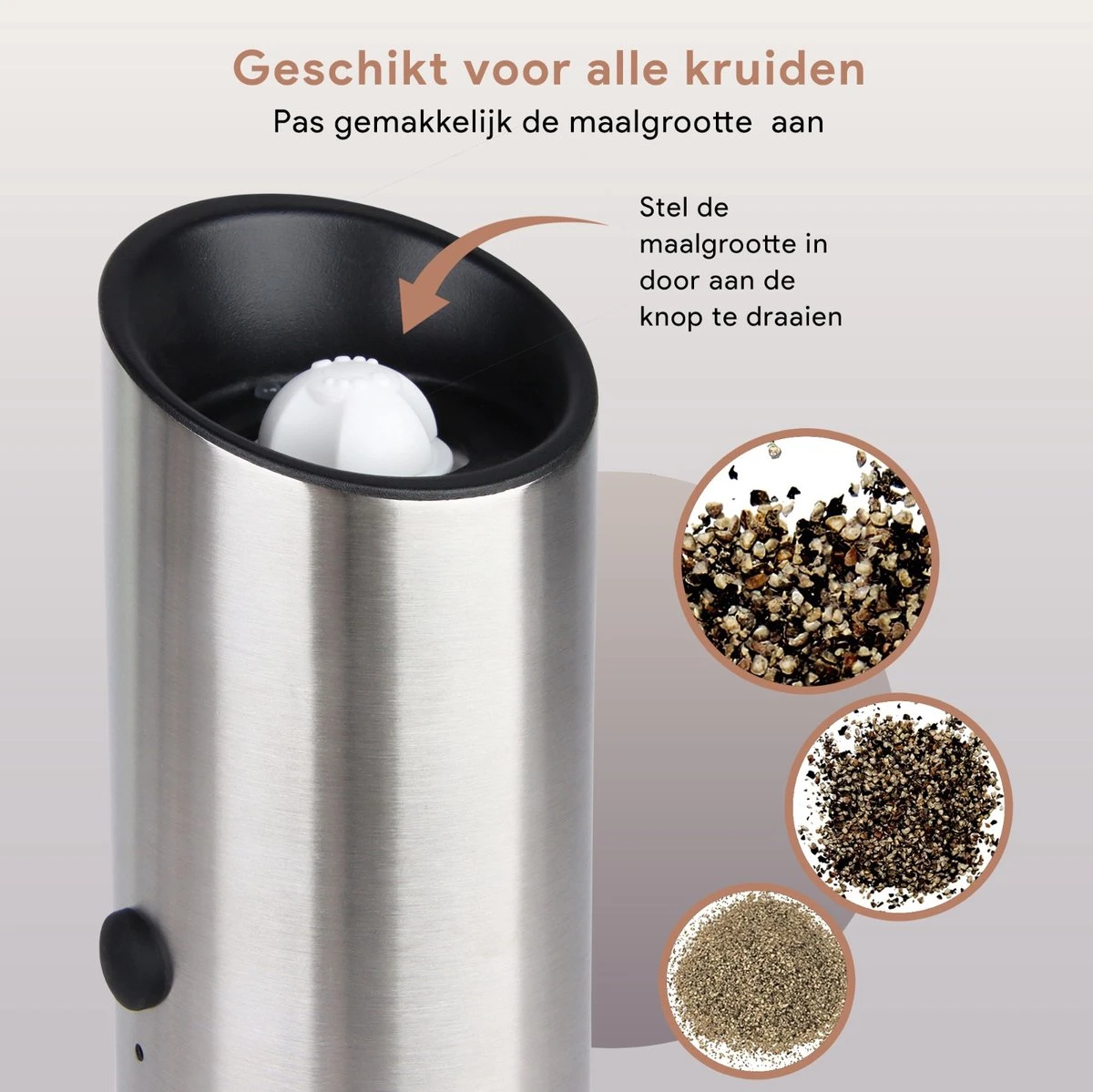 DODANA Premium Peper - & Zoutmolen Elektrisch - 1 Stuk - Pepermolen - Zoutmolen - Oplaadbaar - USB - Elektrische Pepermolen - RVS - Zwaartekracht Functie - LED Lamp - Nl Handleiding - Incl Borsteltje - Afbeelding 5