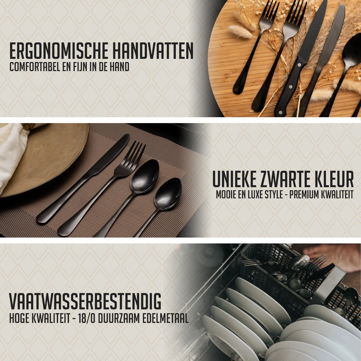 OEC Kitchen Bestekset 36-delig - Zwart - 6 Persoons - Steakmessen - Messen - Vorken - Lepels - RVS - Afbeelding 6