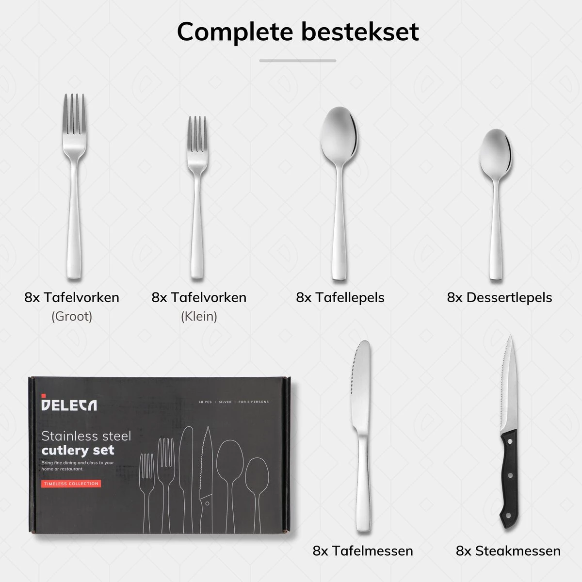 Deleca 8 Persoons Bestekset (48-delig) - Lepels, Messen, Vorken & Steakmessen - Vaatwasserbestendig - Zilver / RVS - Afbeelding 10