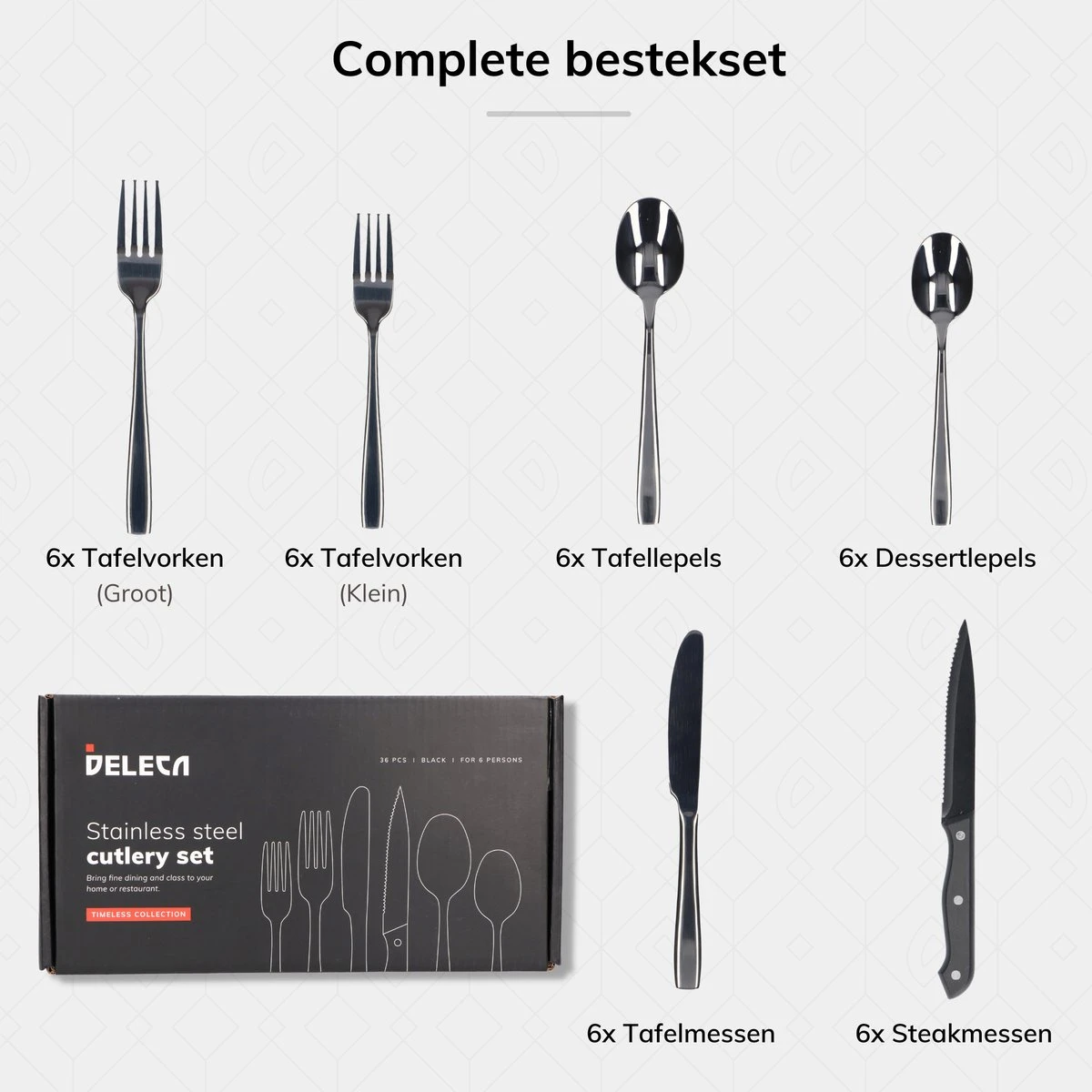 Deleca 6 Persoons Bestekset (36-delig) - Lepels, Messen, Vorken & Steakmessen - Vaatwasserbestendig - Zwart / RVS - Afbeelding 9