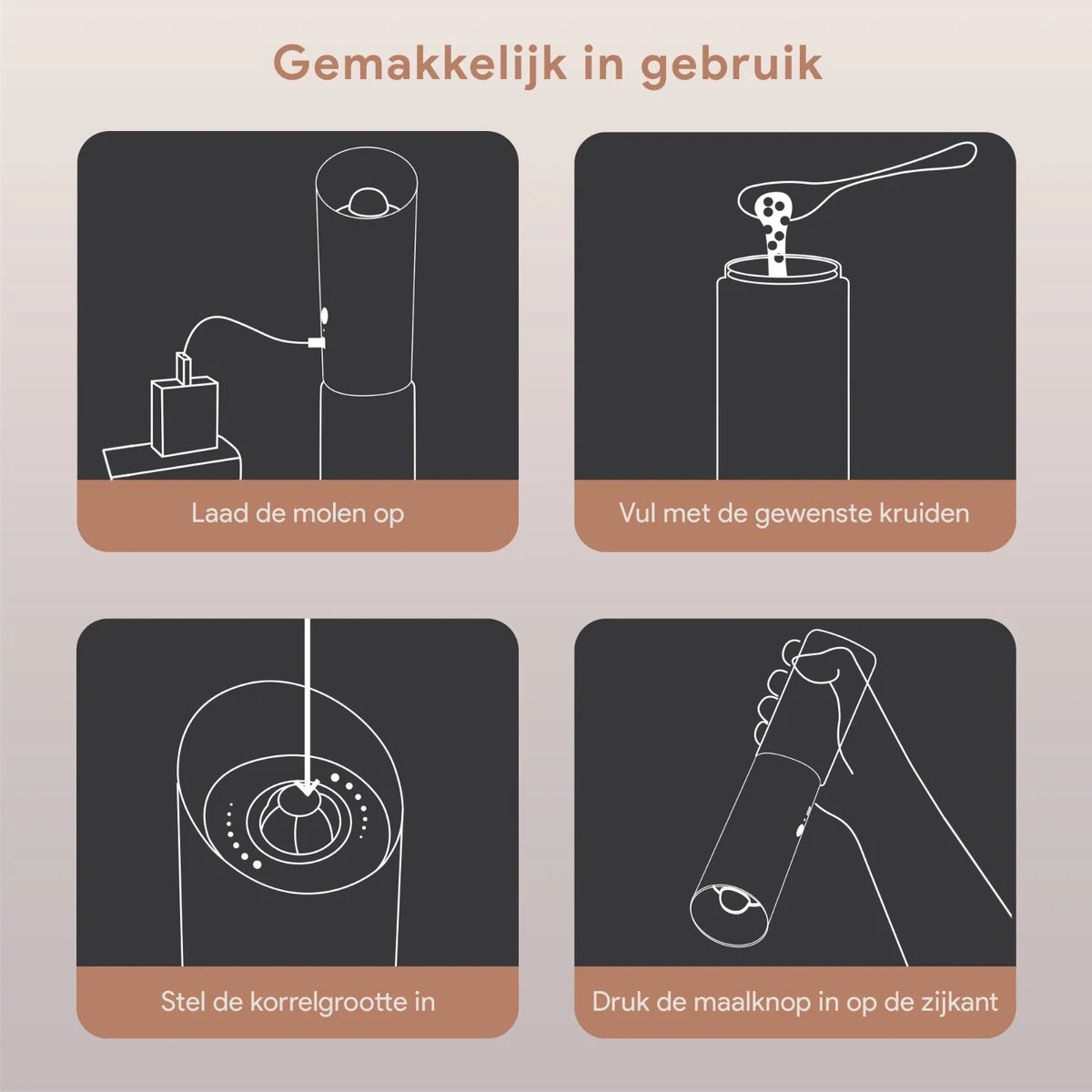 DODANA Premium Peper - & Zoutmolen Elektrisch - 1 Stuk - Pepermolen - Zoutmolen - Oplaadbaar - USB - Elektrische Pepermolen - RVS - Zwaartekracht Functie - LED Lamp - Nl Handleiding - Incl Borsteltje - Afbeelding 8