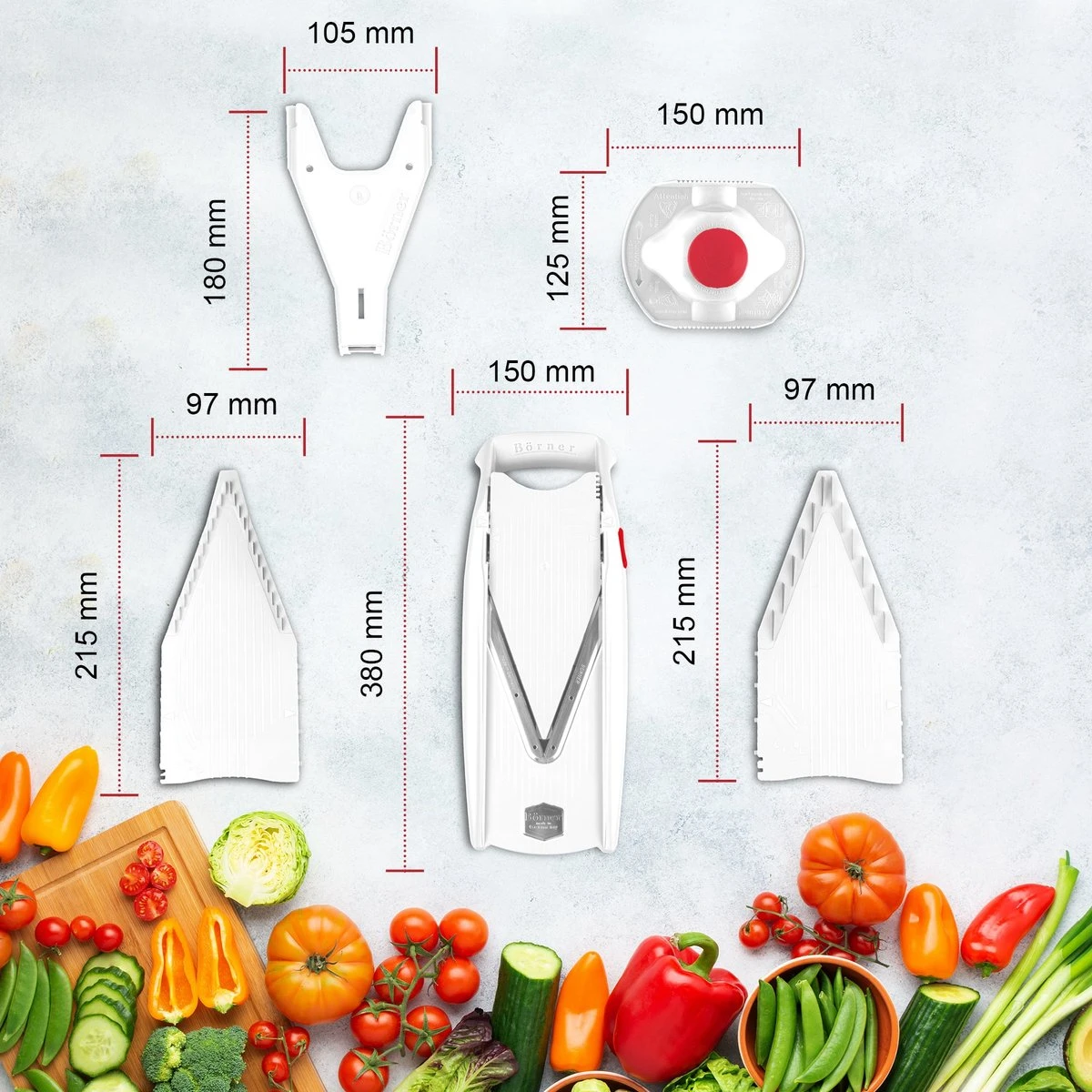 Börner Mandoline V5 PowerLine - Inclusief Opbergbox - Geleverd In Mooie Doos - 6-delige Set - 7 Snijdiktes - Geschikt Als Frietsnijder - BPA-vrij En Roestvrij - Grijs - Afbeelding 7