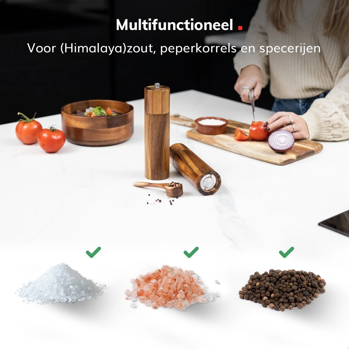 Deleca Luxe Peper En Zoutmolen Set - Zout / Pepermolen - Handmatig - Met Navul Lepel & Geschenkdoos - Acacia Hout - Rond - Afbeelding 5