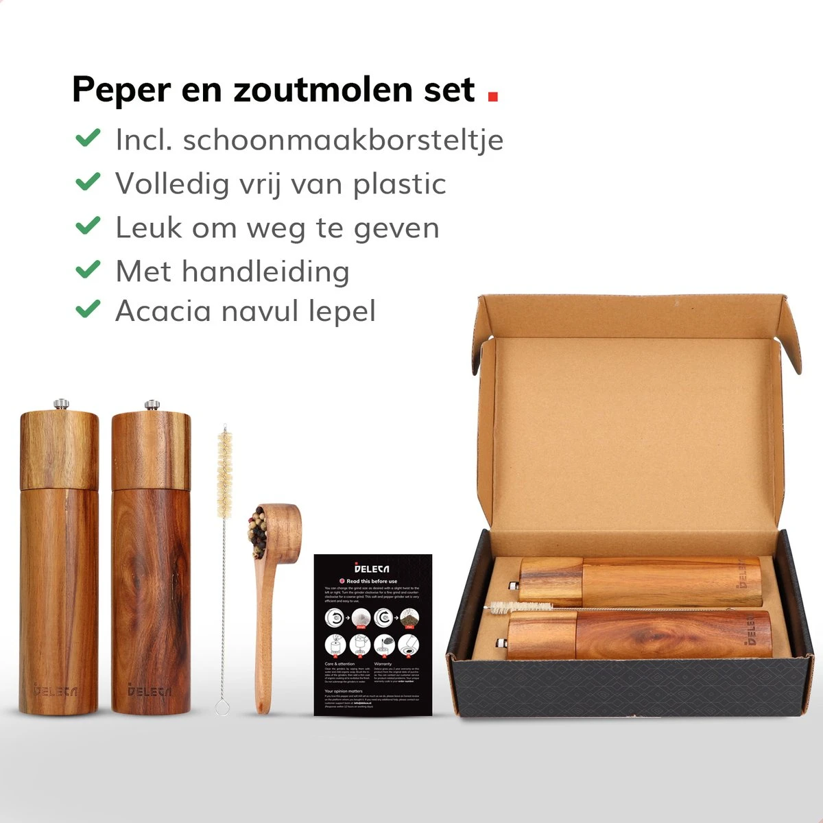 Deleca Luxe Peper En Zoutmolen Set - Zout / Pepermolen - Handmatig - Met Navul Lepel & Geschenkdoos - Acacia Hout - Rond - Afbeelding 9