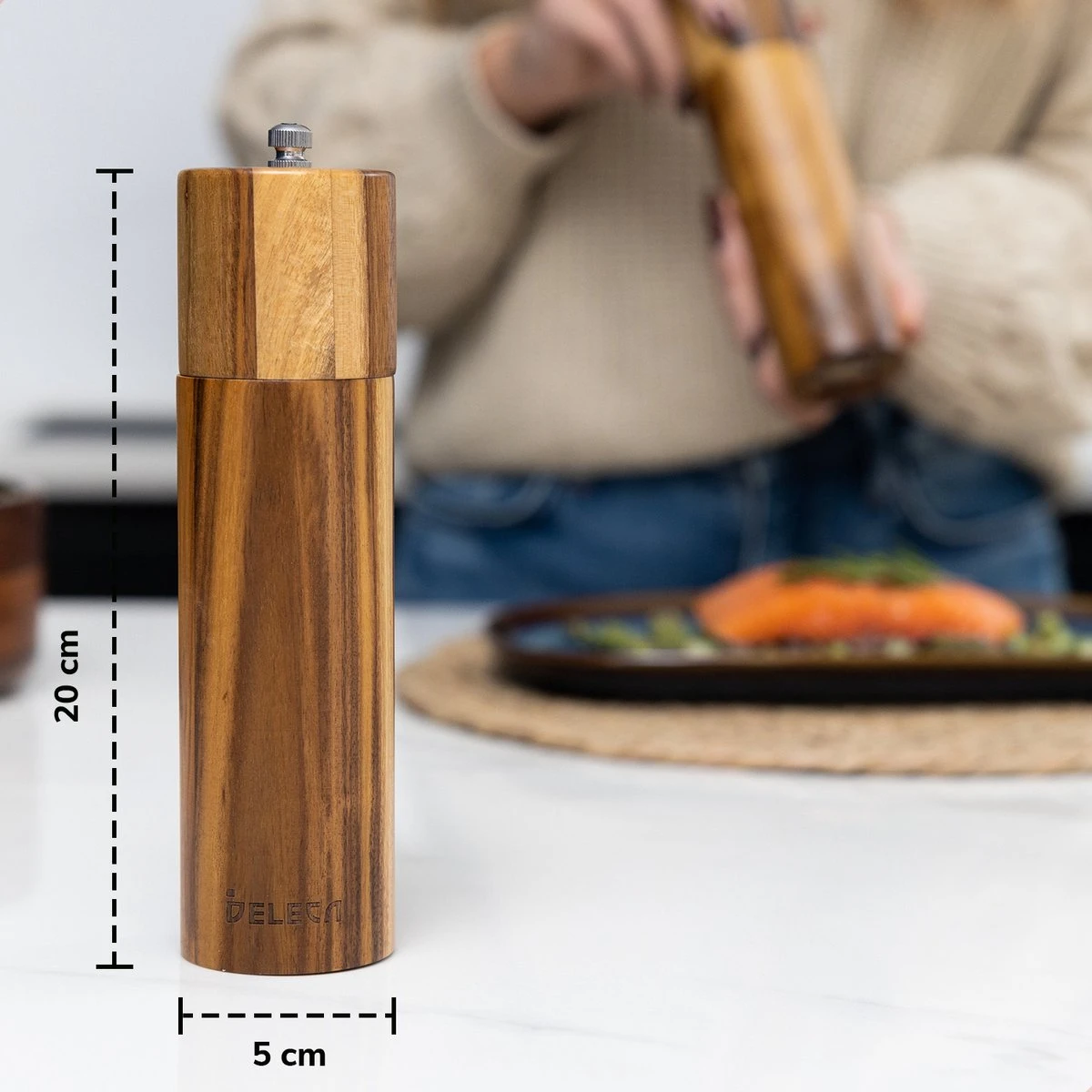 Deleca Luxe Peper En Zoutmolen Set - Zout / Pepermolen - Handmatig - Met Navul Lepel & Geschenkdoos - Acacia Hout - Rond - Afbeelding 10