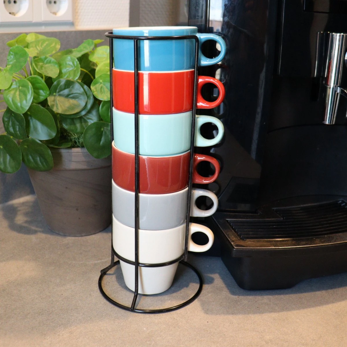 Orange85 Koffiekopjes - Met Houder - Set Van 6 - Gekleurd - 300 Ml - Keramiek - Afbeelding 3