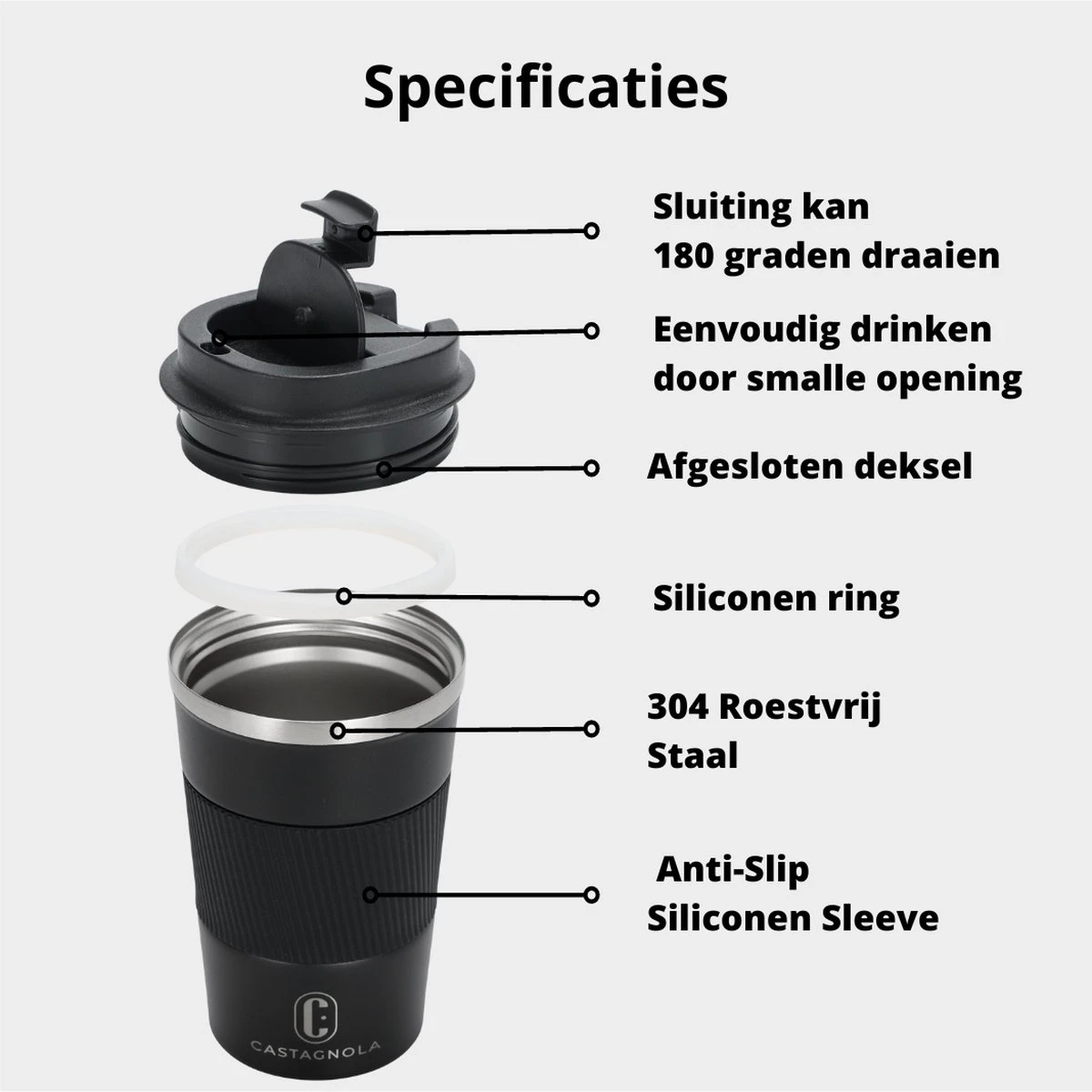 Castagnola Design RVS Koffiebeker To Go - Zwart - 380ml - Thermosbeker - Theebeker - Afbeelding 5