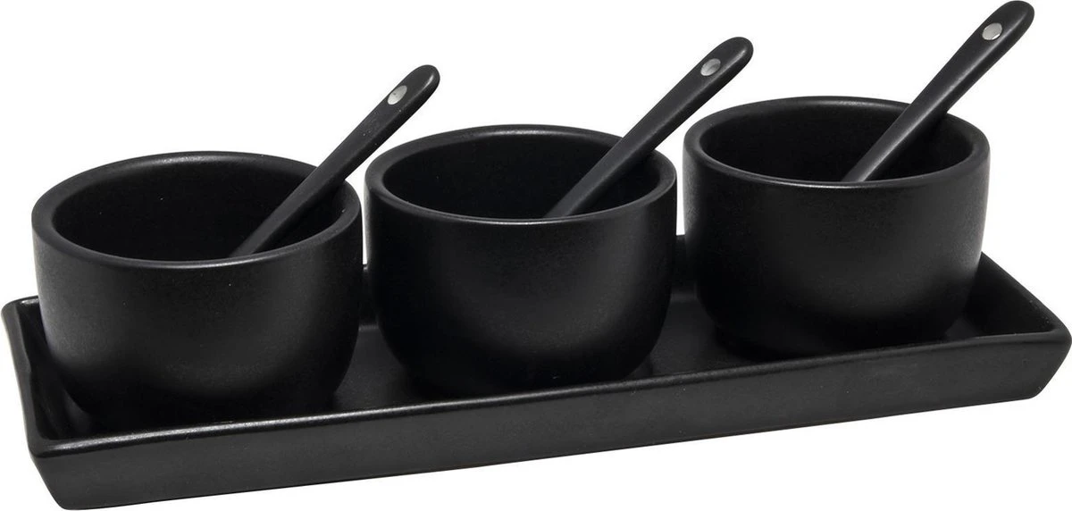 Alpina Sauzenset/serveerset 7-delig Zwart Met Serveerblad/schaaltjes/lepels - Serveerbladen/Dienbladen - Amuse Hapjes