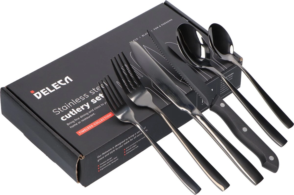 Deleca 6 Persoons Bestekset (36-delig) - Lepels, Messen, Vorken & Steakmessen - Vaatwasserbestendig - Zwart / RVS - Afbeelding 10