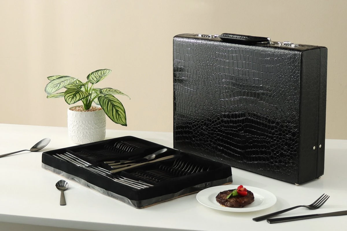 Swiss Pro+ Bestekset In Koffer-72 Delig-12 Persoons-Zwitsers Kwaliteit-Complete Set-100% Roestvrijstaal- Zwart - Afbeelding 4