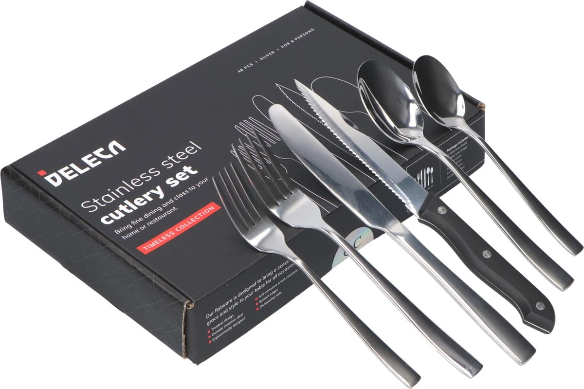 Deleca 8 Persoons Bestekset (48-delig) - Lepels, Messen, Vorken & Steakmessen - Vaatwasserbestendig - Zilver / RVS - Afbeelding 9