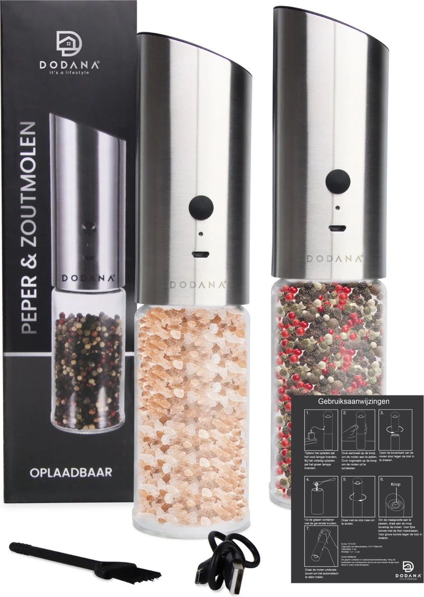 DODANA Premium Peper - & Zoutmolen Elektrisch - 1 Stuk - Pepermolen - Zoutmolen - Oplaadbaar - USB - Elektrische Pepermolen - RVS - Zwaartekracht Functie - LED Lamp - Nl Handleiding - Incl Borsteltje